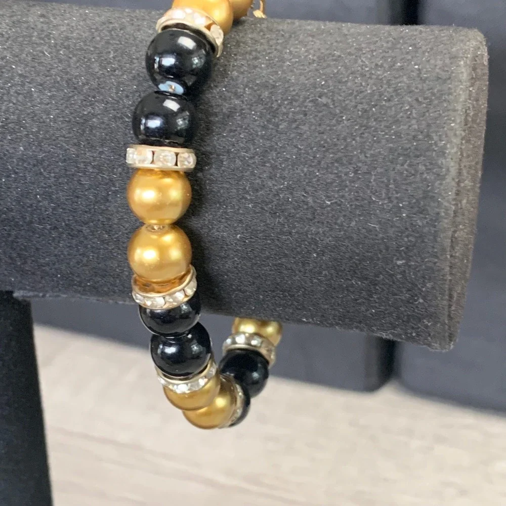 Black and Gold Faux Pearl Bead Bracelet Rhinestone Spacers Adjustable 7-8.5 In